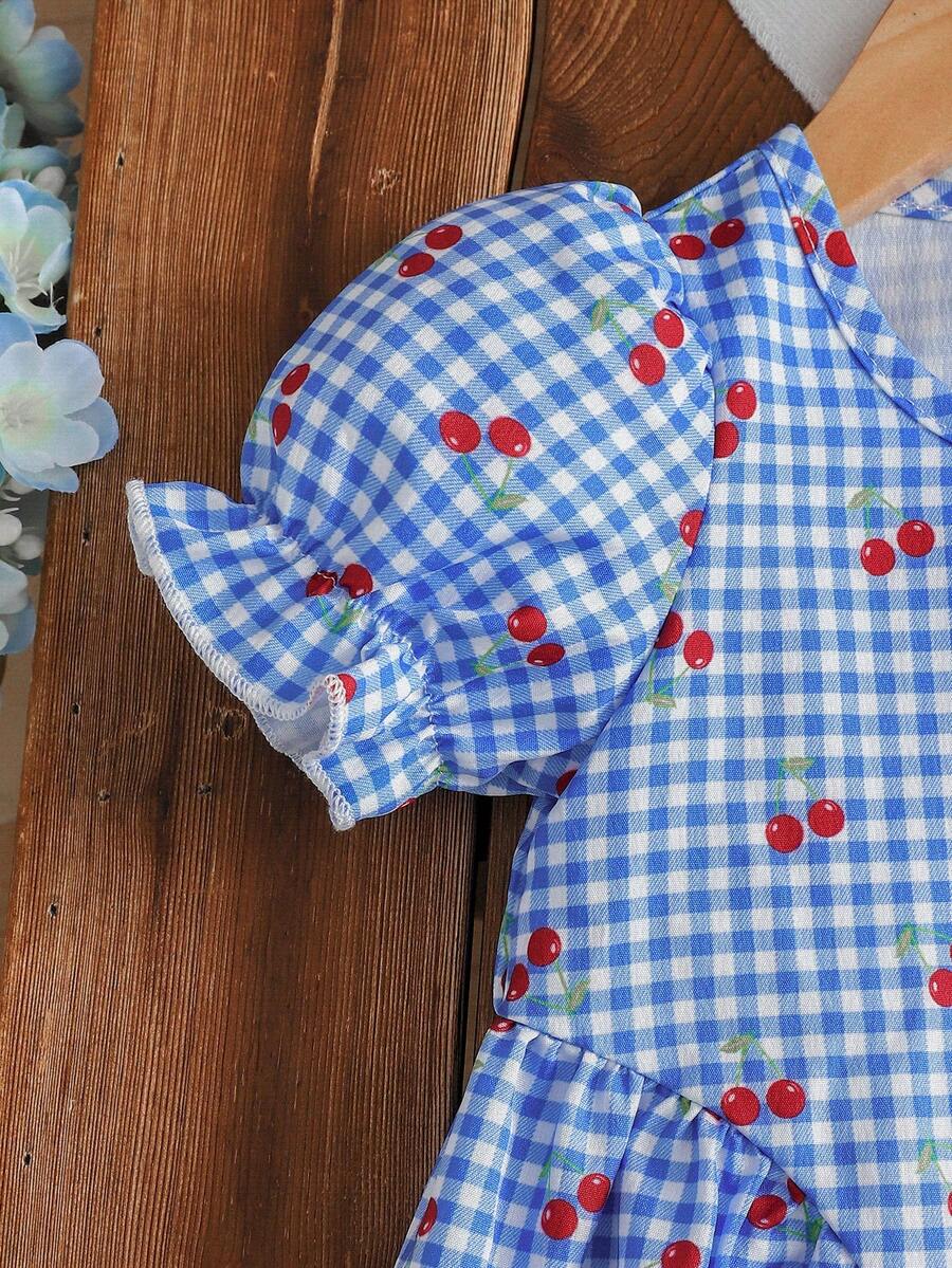 Baby Girls Cherry Plaid Dress And Beret Hat Set Cute Summer Vacation Outfit