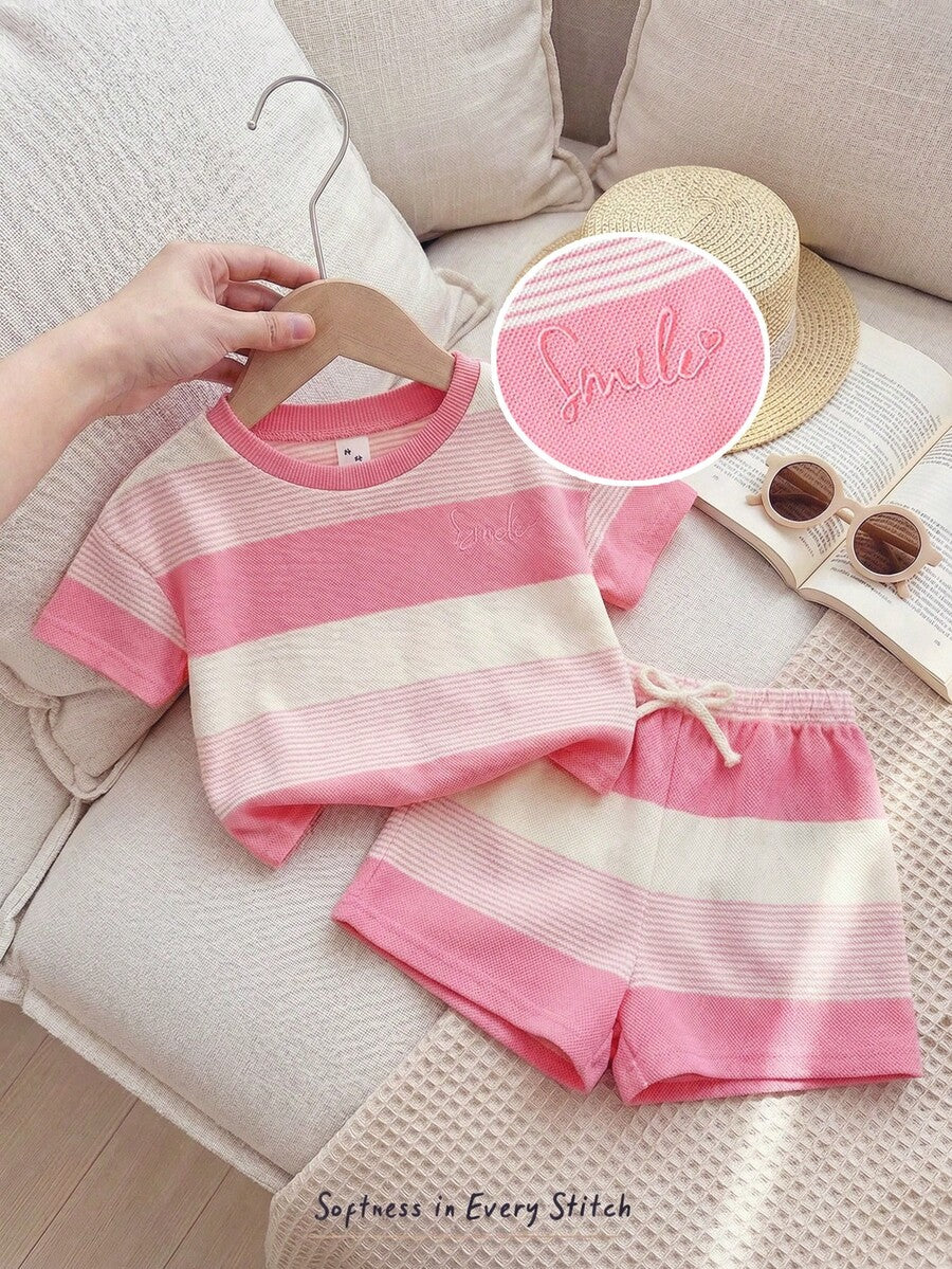 Rainbow Top And Elastic Waist Shorts Set For Toddler Girls Casual Wear