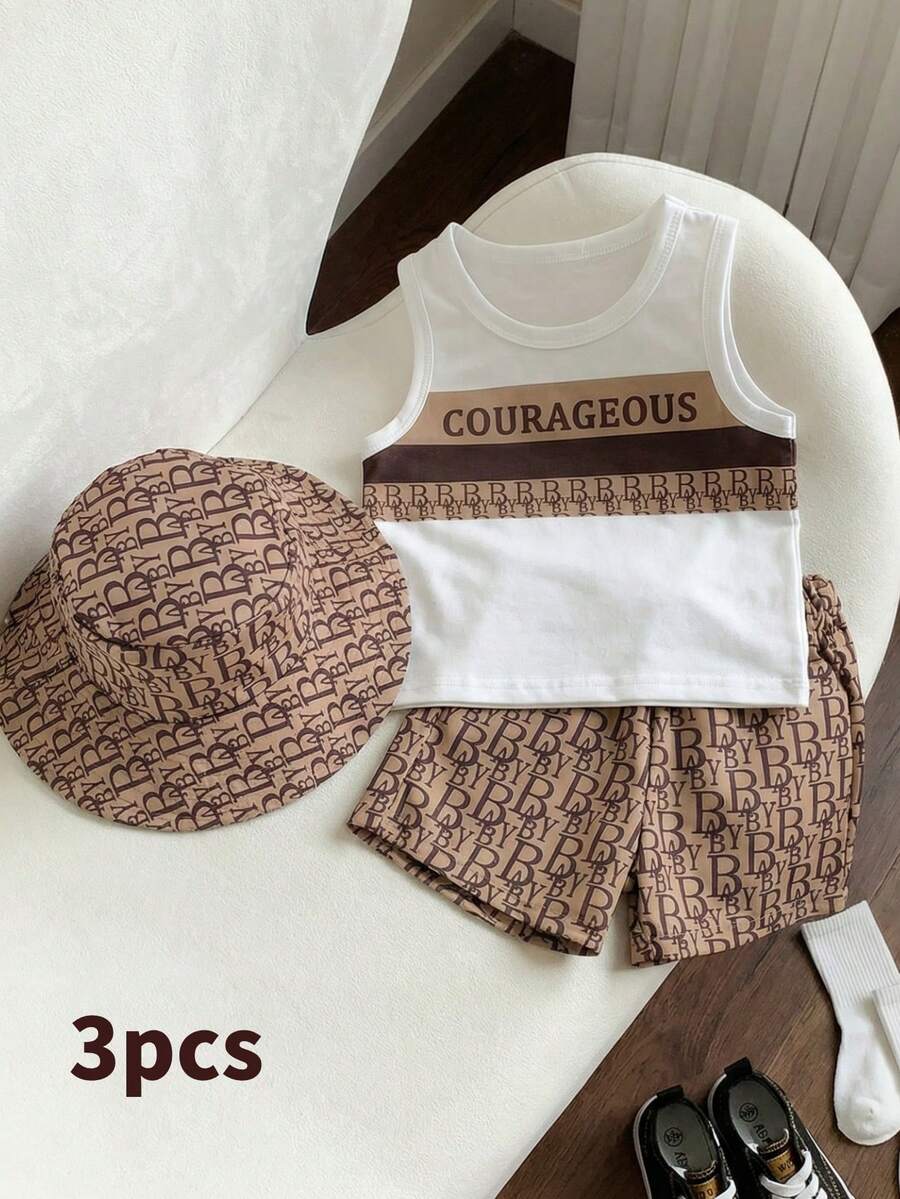 Baby Boy Letter Print Top Coconut Tree Print Shorts and Hat 3 Piece Summer Beach Vacation Outfit Set
