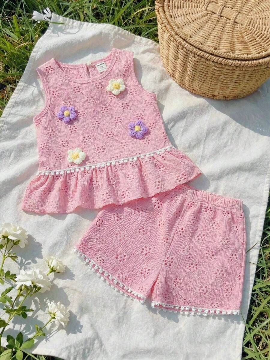 Two Piece Summer Clothing Set For Kids Girls Floral Knit Top And Shorts