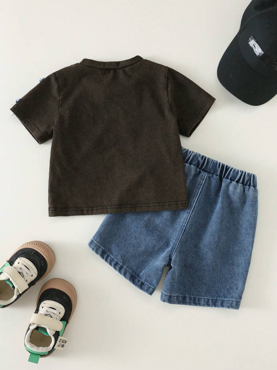 Baby Boy Black and White Striped T Shirt and Denim Shorts 2 Piece Casual Spring Summer Outfit Set