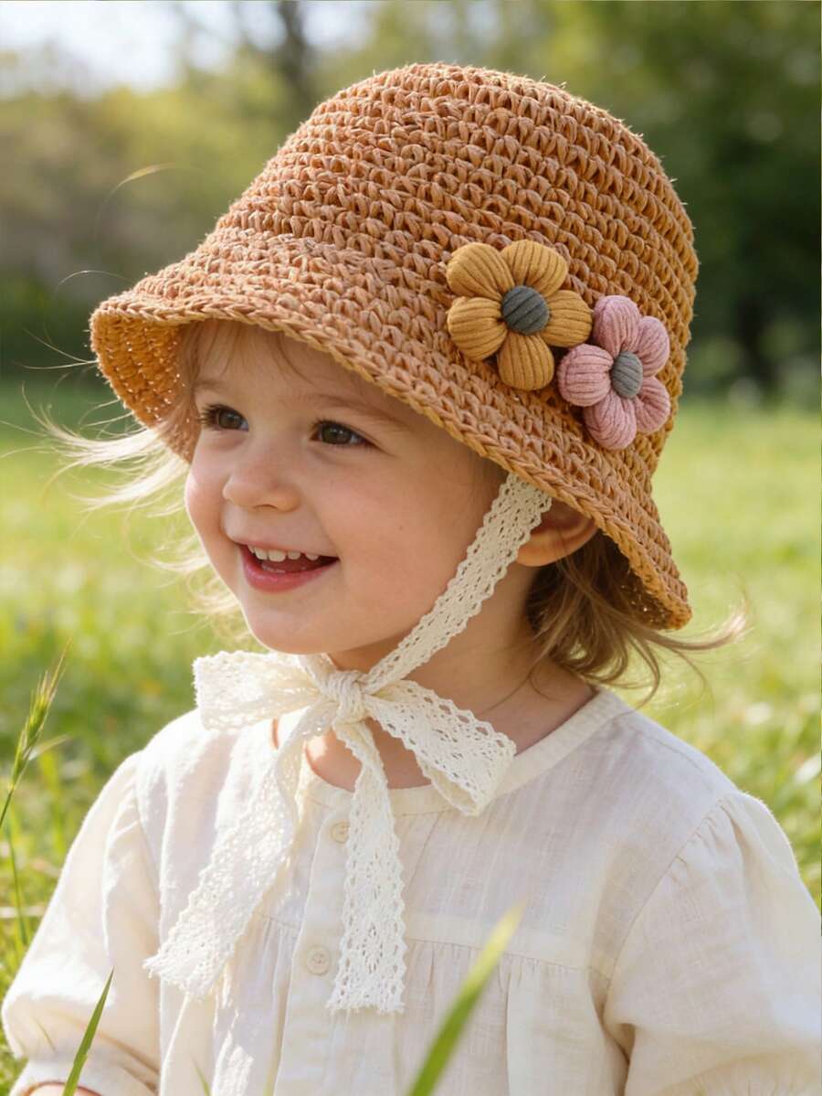 1pc Knitted Lace Bow Sun Hat for Baby and Toddler Casual Wear