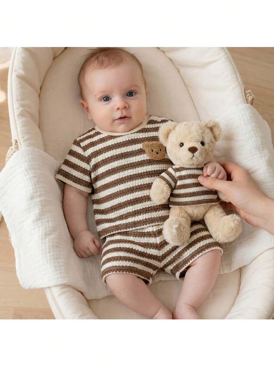 Newborn Boy & Girl Summer Knit Outfit -Cute Cartoon Bear Striped Shirt & Shorts Set
