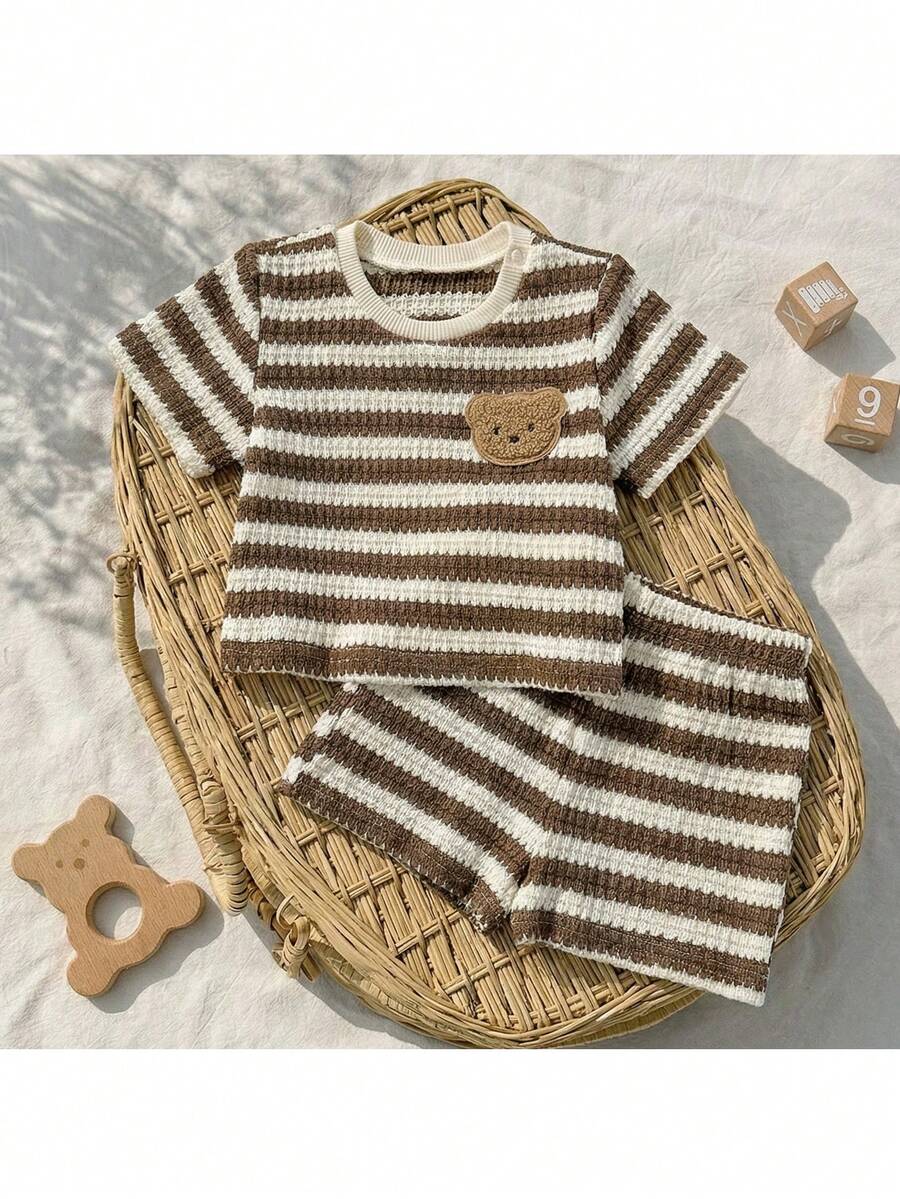 Newborn Boy & Girl Summer Knit Outfit -Cute Cartoon Bear Striped Shirt & Shorts Set