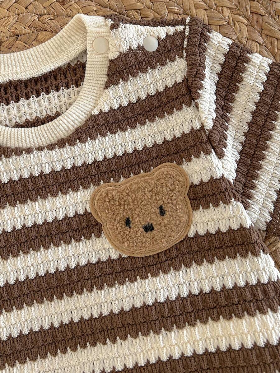 Newborn Boy & Girl Summer Knit Outfit -Cute Cartoon Bear Striped Shirt & Shorts Set