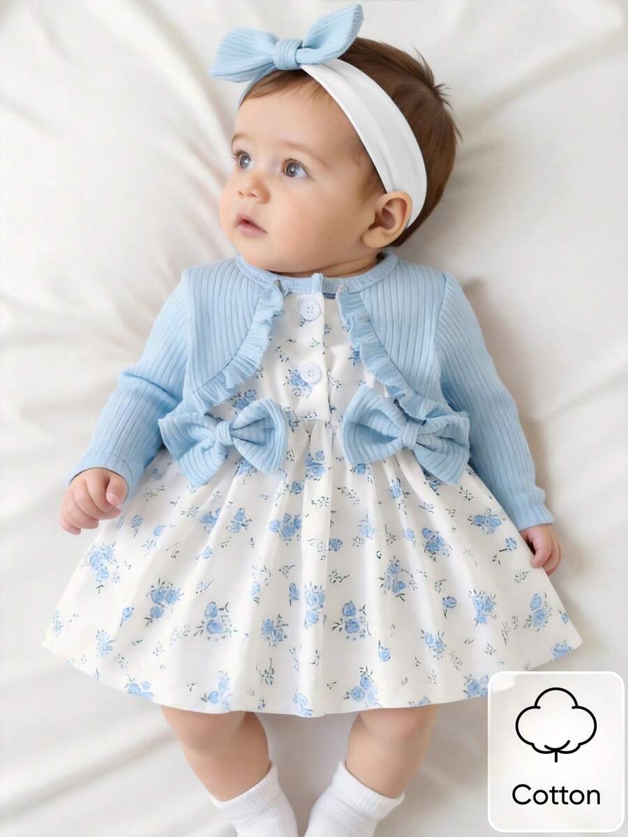 Baby Girl Floral Patchwork Dress & Headband Set - Sweet Pink Autumn Outfit