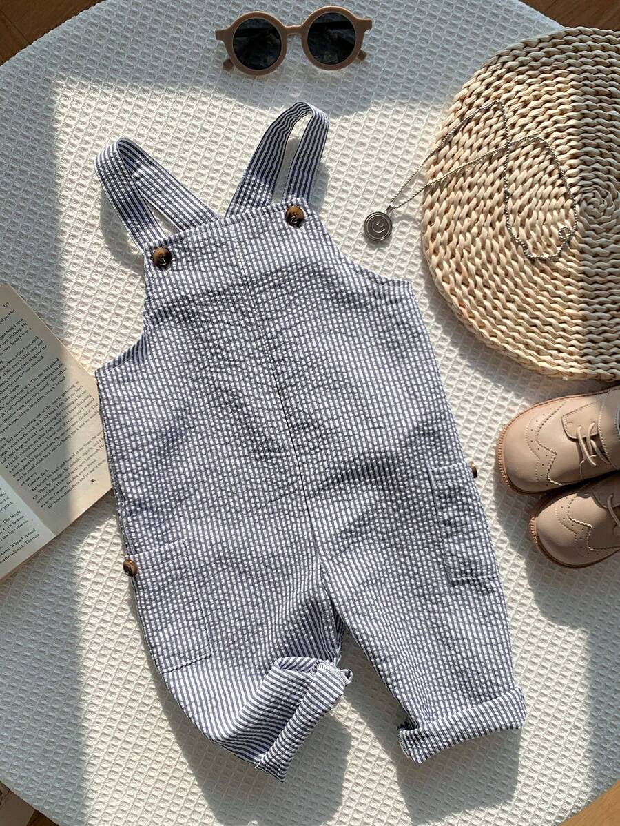 Striped Baby Boys Jumpsuit With Cartoon Bear Design Casual Kids Outfit