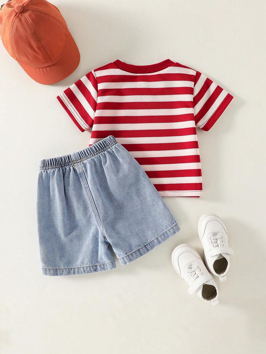 Baby Boy Black and White Striped T Shirt and Denim Shorts 2 Piece Casual Spring Summer Outfit Set