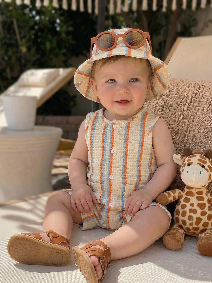Unisex Baby Green White Striped Sleeveless Jumpsuit and Bucket Hat 2 Piece Summer Vacation Outfit Set