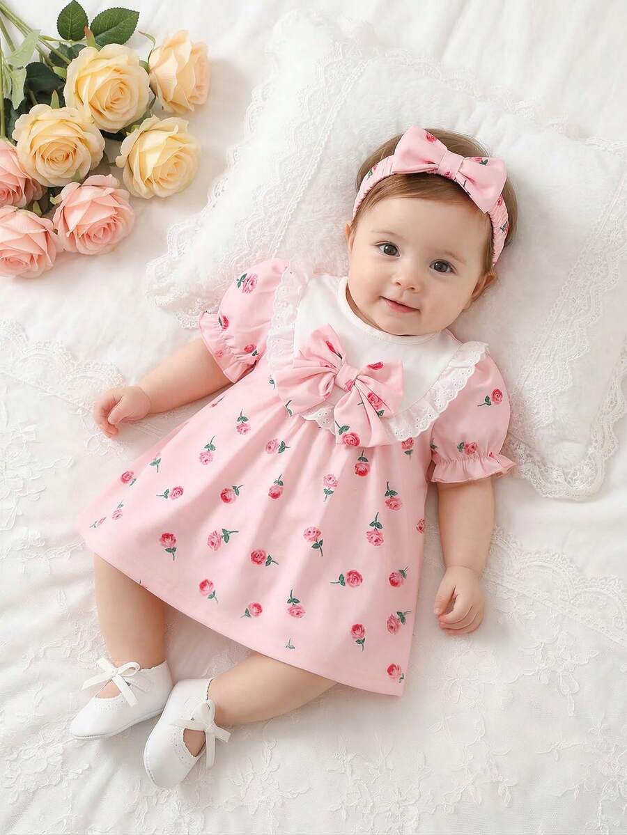 Newborn Pink Bow Dress & Headband Set - Sweet Princess Style Outfit