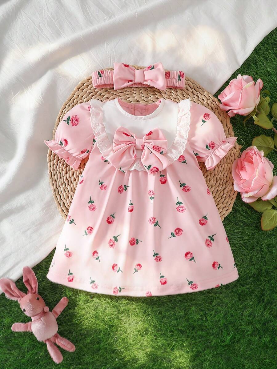 Newborn Pink Bow Dress & Headband Set - Sweet Princess Style Outfit