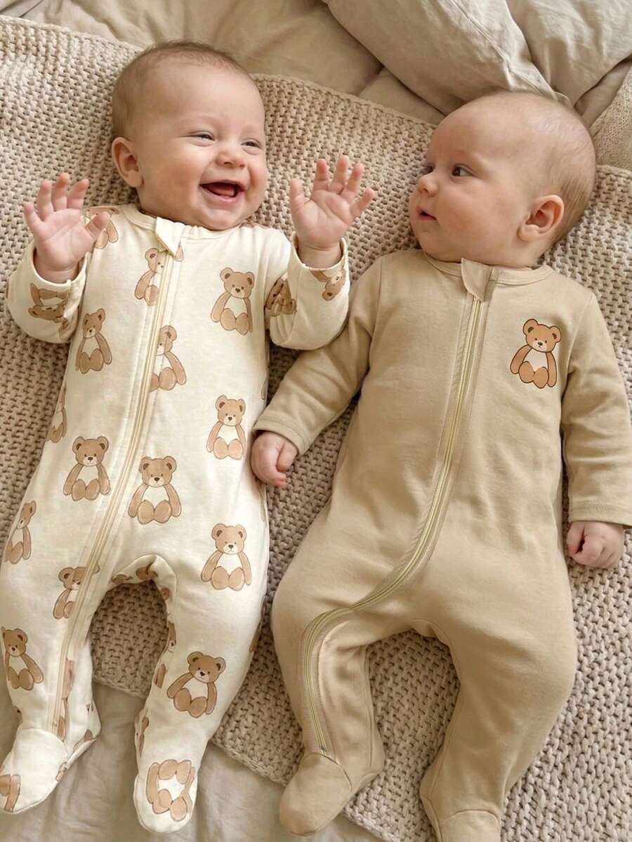 2PCS Baby Elephant Print Long Sleeve Romper Set for Cozy Autumn and Winter Wear