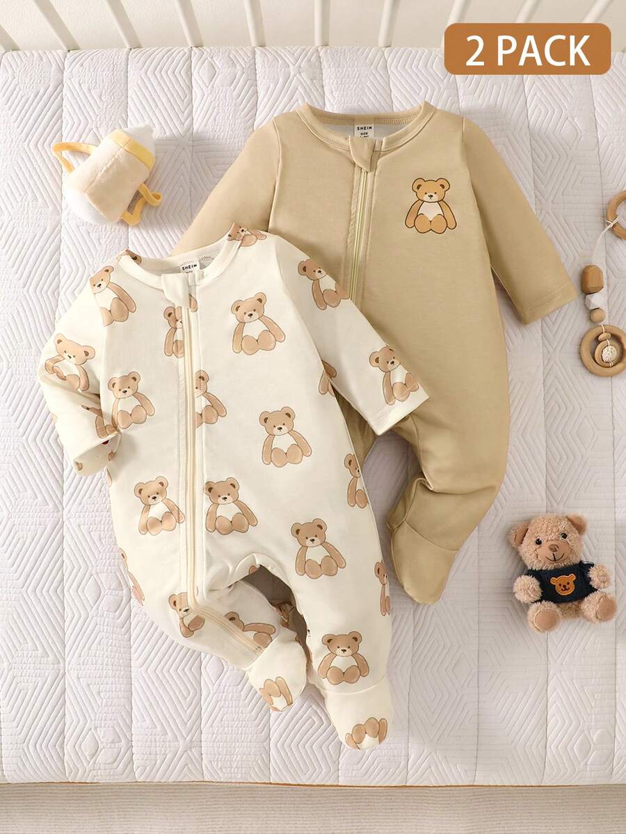 2PCS Baby Elephant Print Long Sleeve Romper Set for Cozy Autumn and Winter Wear