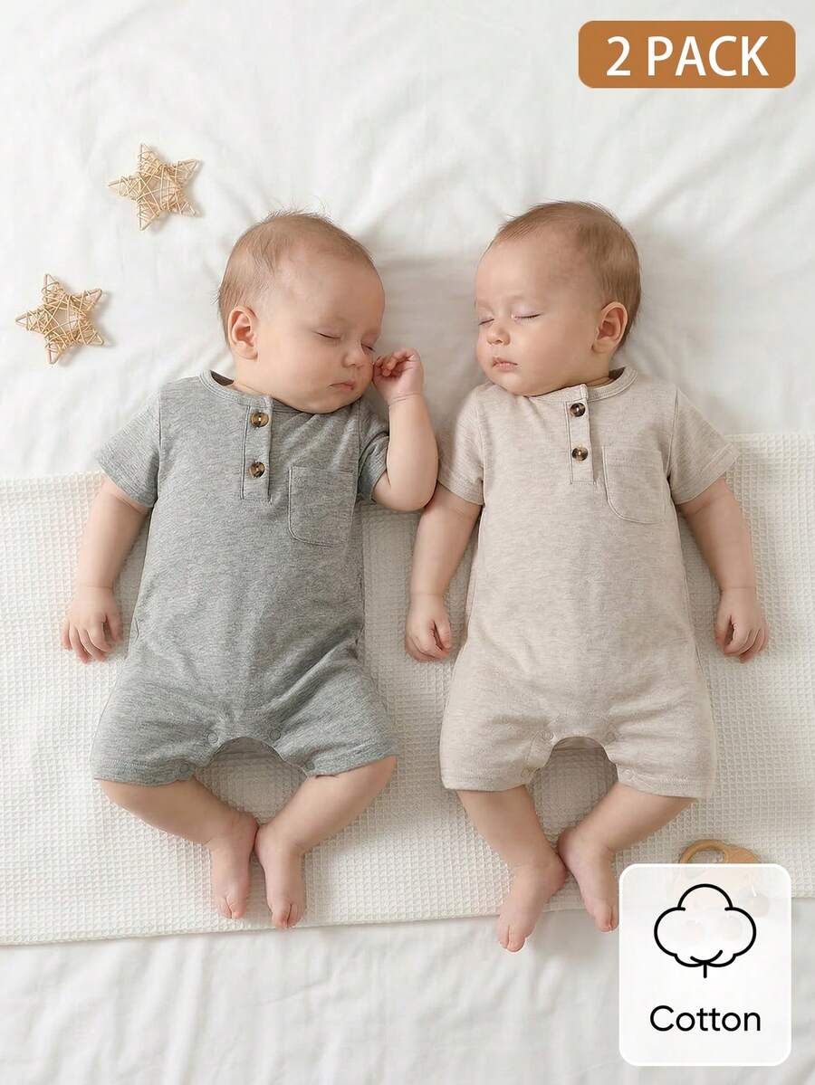 Unisex Baby 2pcs Solid Color Romper Set - Neutral Shortall for Boys and Girls