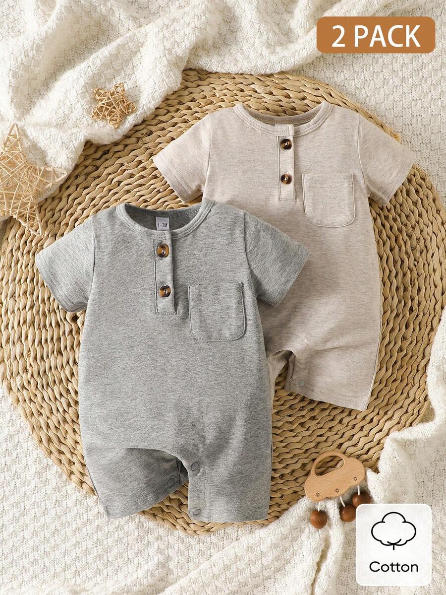 Unisex Baby 2pcs Solid Color Romper Set - Neutral Shortall for Boys and Girls