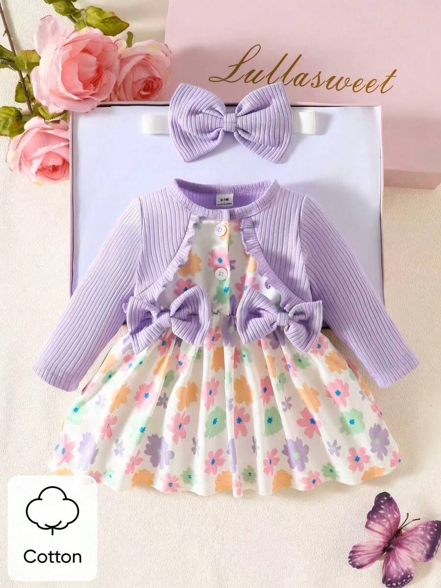 Baby Floral Bow Dress and Headband Set for Sweet Autumn and Winter Daily Wear