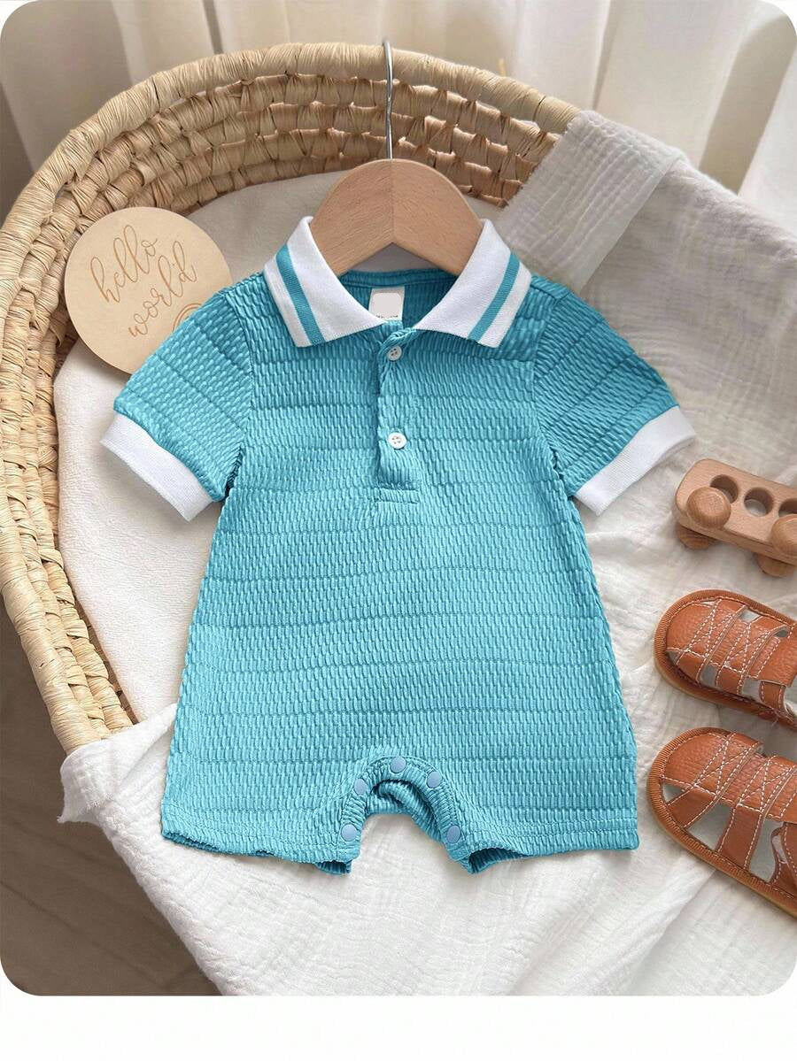 Unisex Newborn Baby Contrast Color Jacquard Polo Collar Half Zip Short Sleeve Jumpsuit Summer Outfit