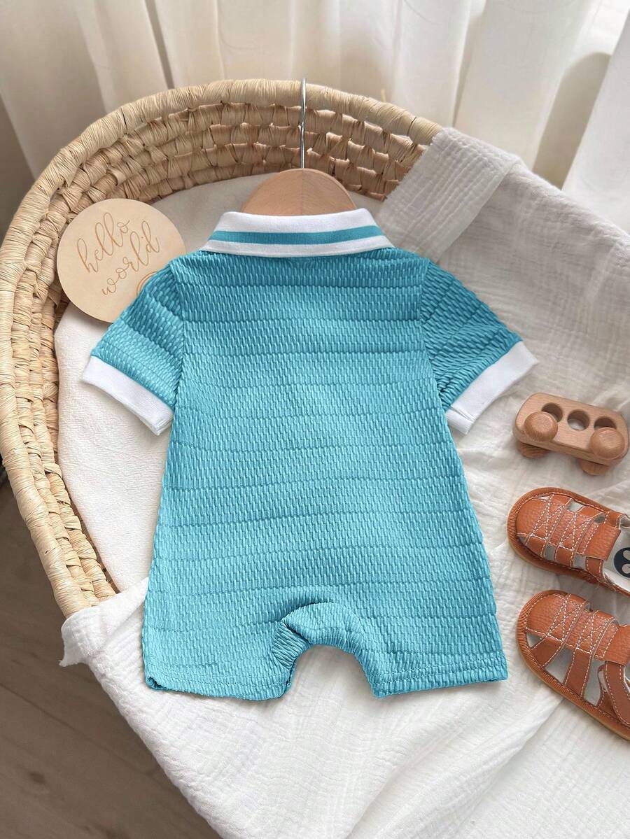 Unisex Newborn Baby Contrast Color Jacquard Polo Collar Half Zip Short Sleeve Jumpsuit Summer Outfit