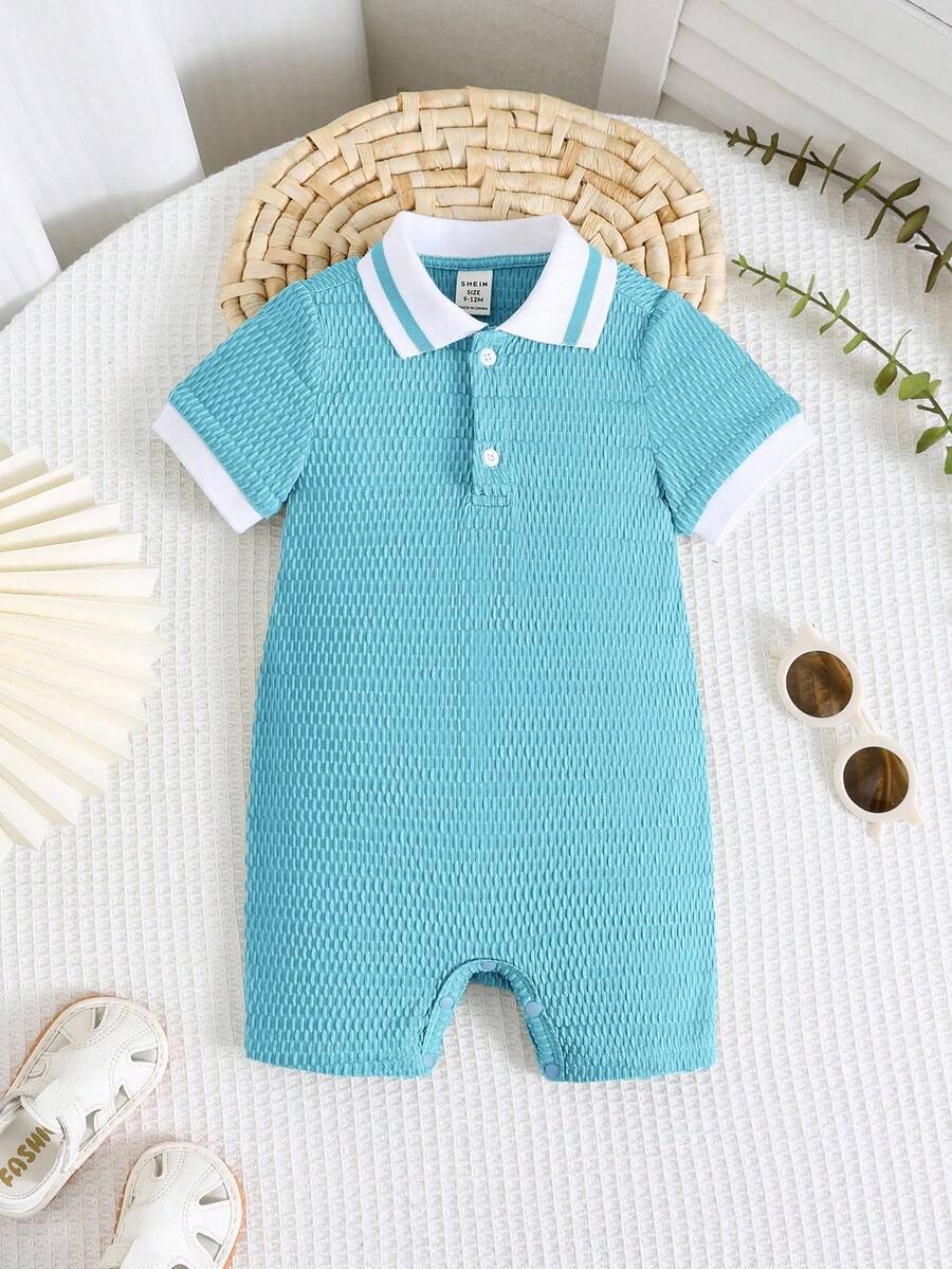 Unisex Newborn Baby Contrast Color Jacquard Polo Collar Half Zip Short Sleeve Jumpsuit Summer Outfit