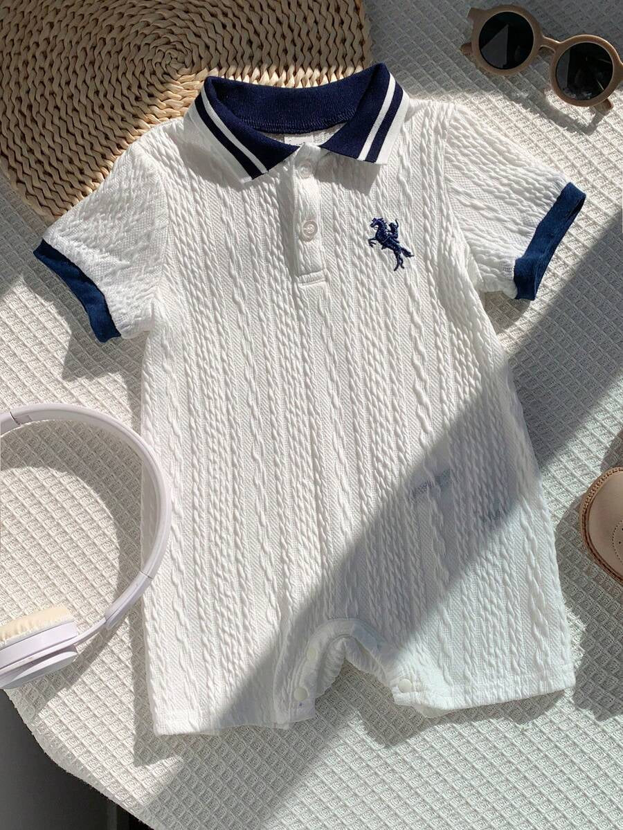 Unisex Newborn Baby Contrast Color Jacquard Polo Collar Half Zip Short Sleeve Jumpsuit Summer Outfit