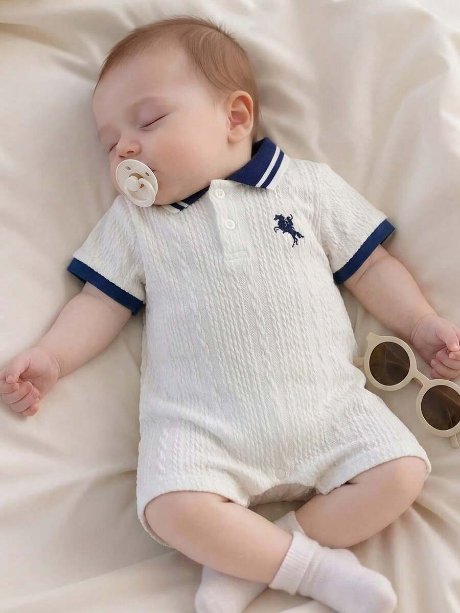 Unisex Newborn Baby Contrast Color Jacquard Polo Collar Half Zip Short Sleeve Jumpsuit Summer Outfit