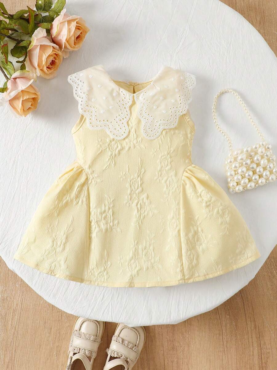 Little Girls Princess Pink Dress With Peter Pan Collar And Lace Detail