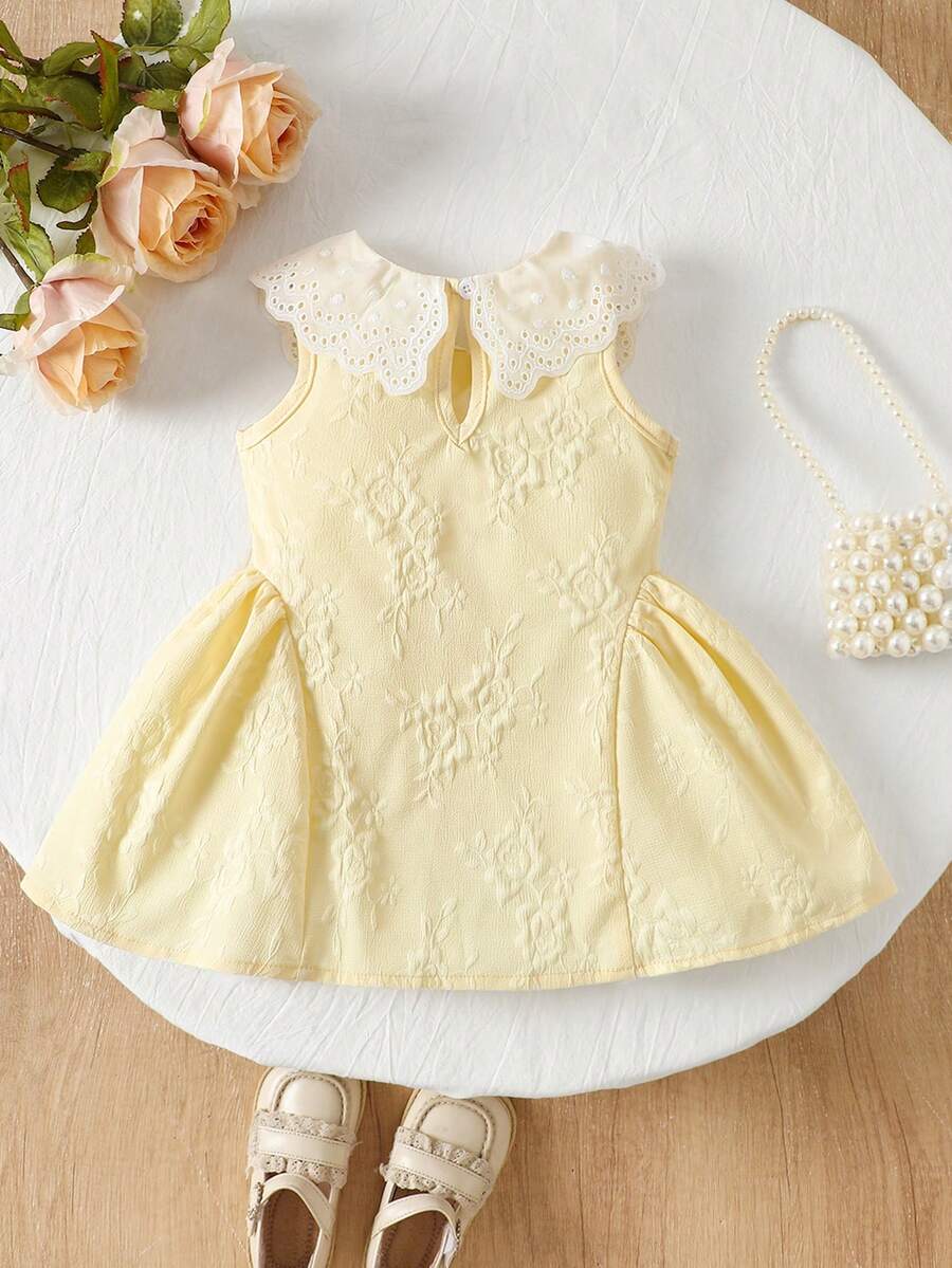 Little Girls Princess Pink Dress With Peter Pan Collar And Lace Detail