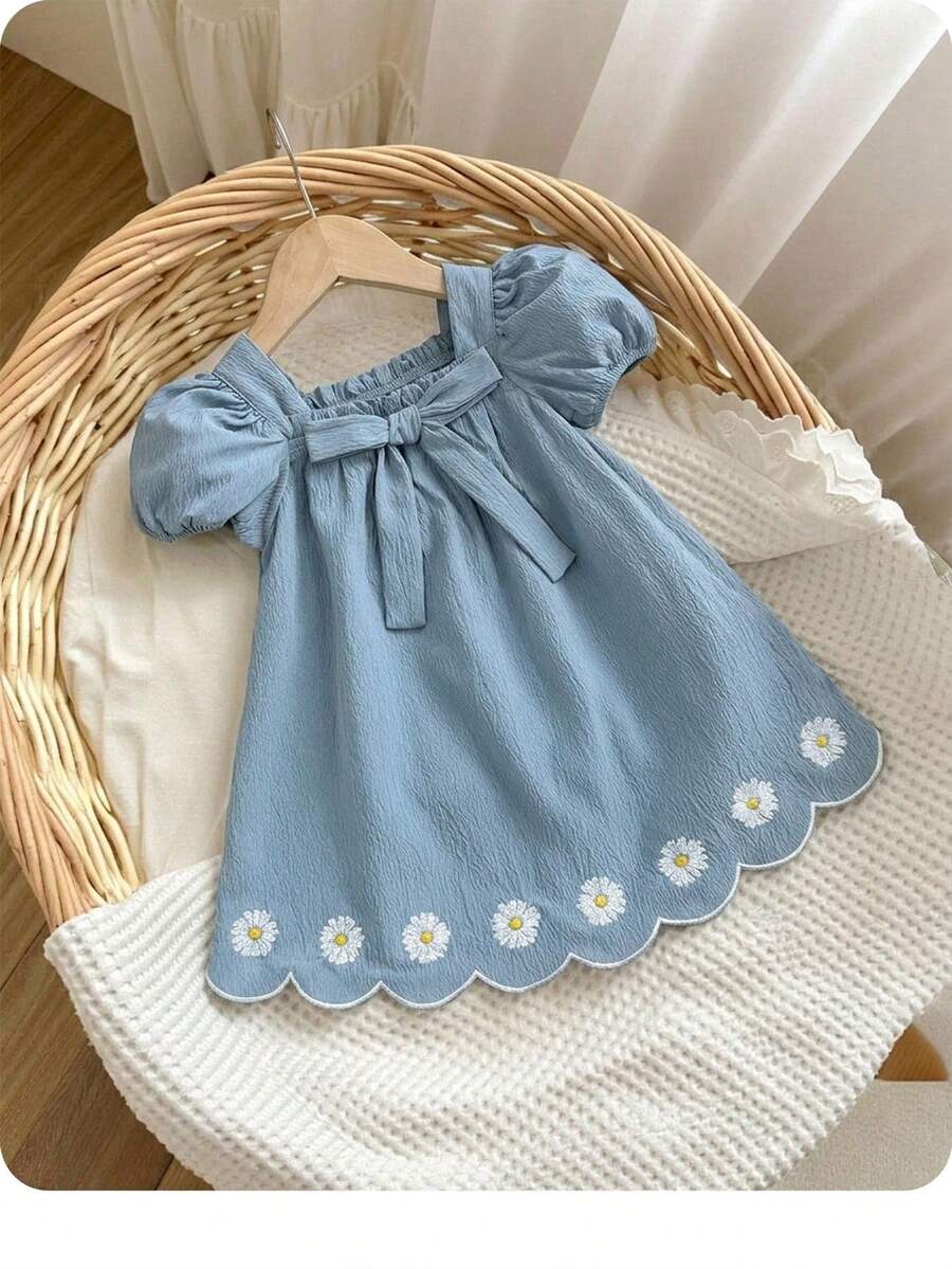 Green Plaid Short Sleeve Dress for Baby Girls - Cute Bow Accent Summer Outfit