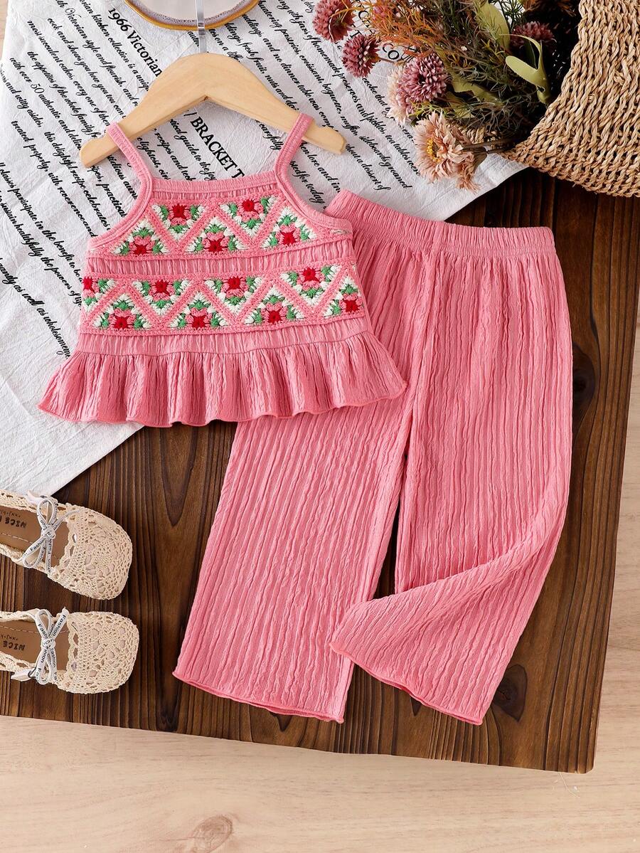 Delicate Strap Top And Solid Pants Set For Toddler Girls Casual Outfit