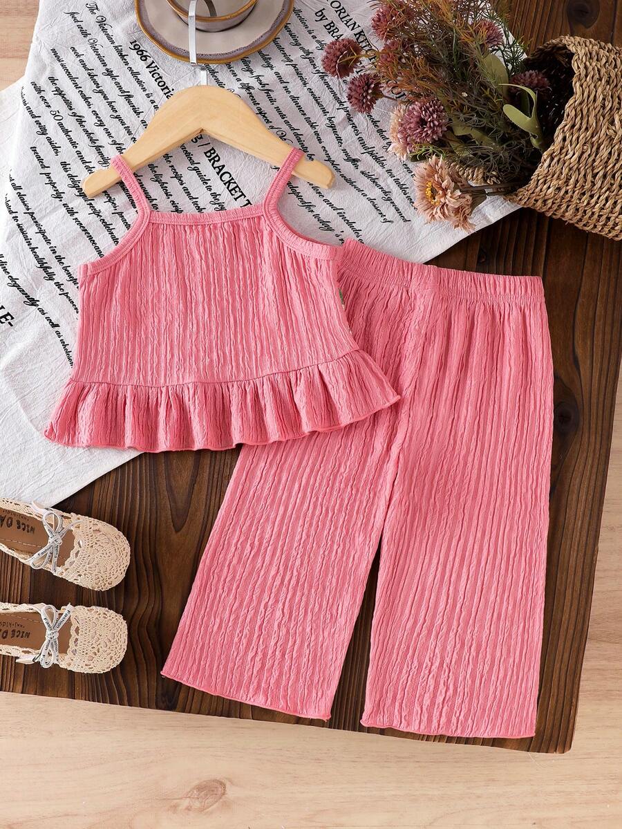 Delicate Strap Top And Solid Pants Set For Toddler Girls Casual Outfit
