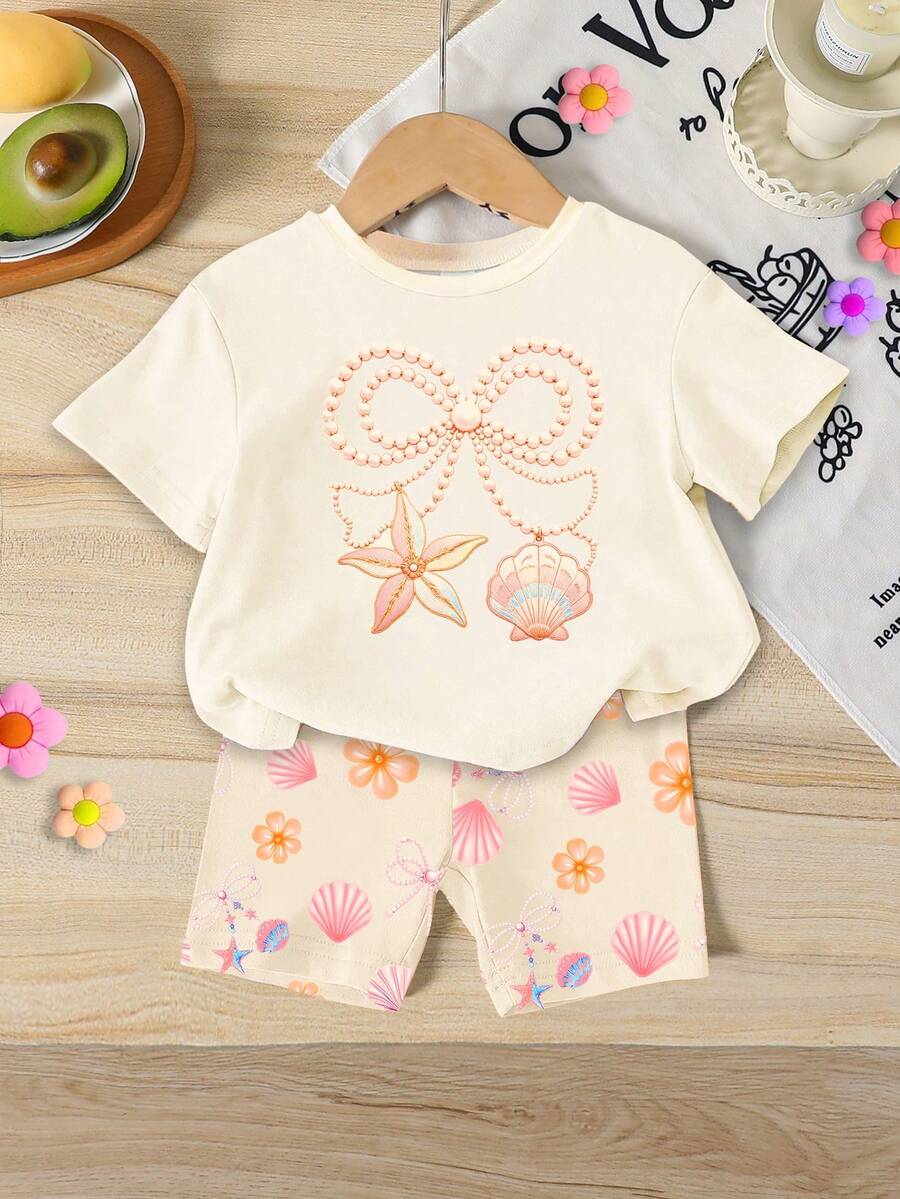 Lemon Fruit & Letter Print Short Sleeve Top and Shorts Set for Baby Girls