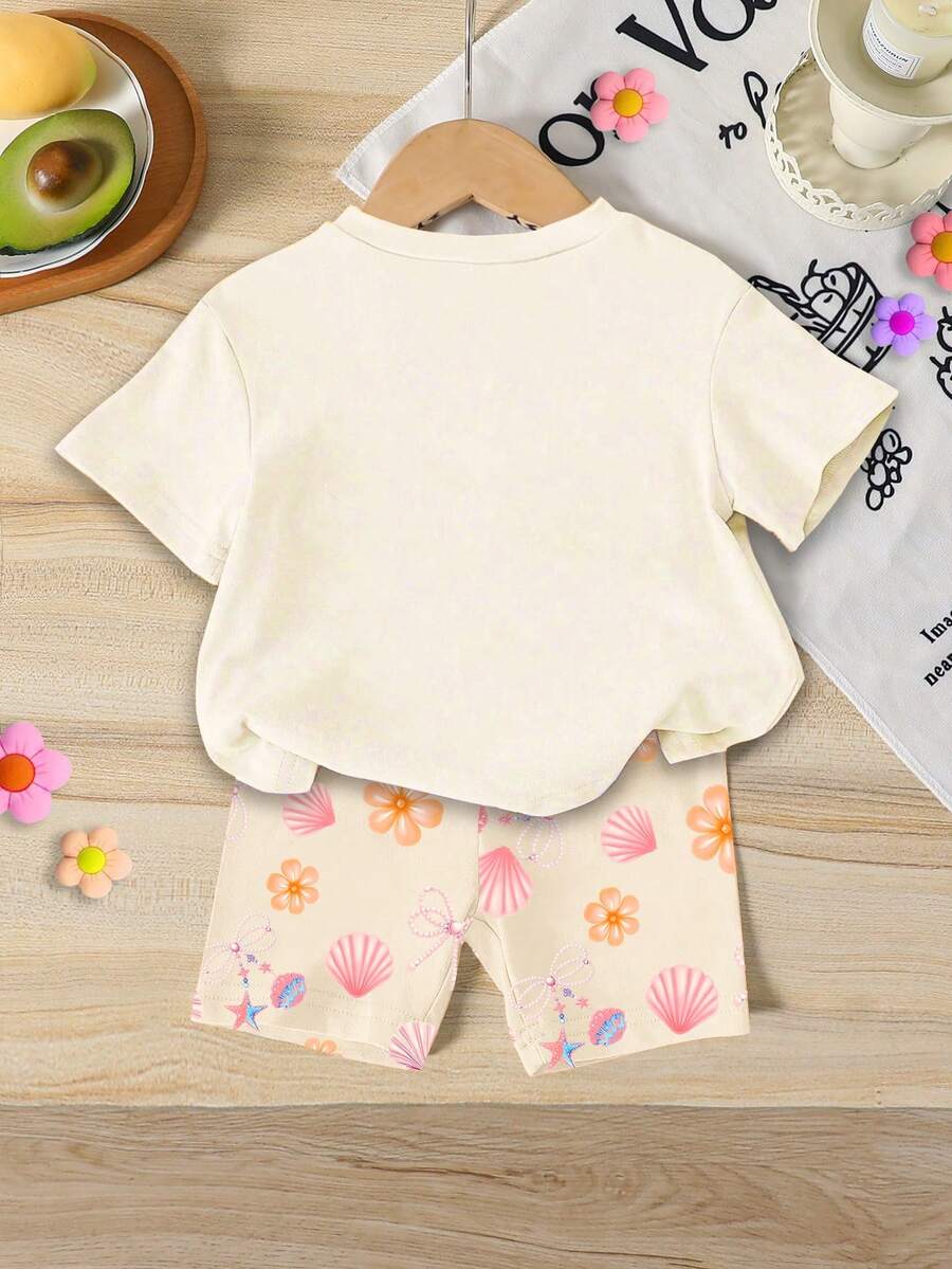 Lemon Fruit & Letter Print Short Sleeve Top and Shorts Set for Baby Girls