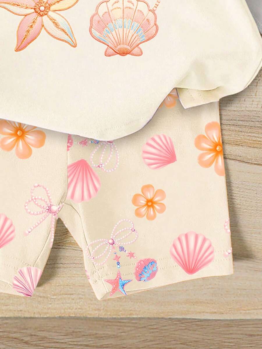 Lemon Fruit & Letter Print Short Sleeve Top and Shorts Set for Baby Girls