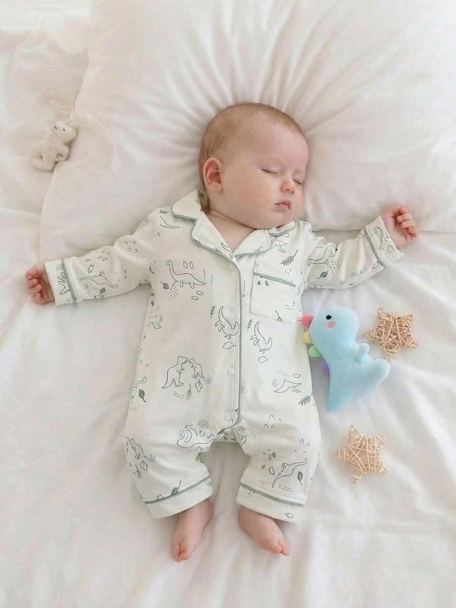 Cartoon Dinosaur Print Baby Romper Pajamas with Drawstring Trim for Comfortable Daily Wear