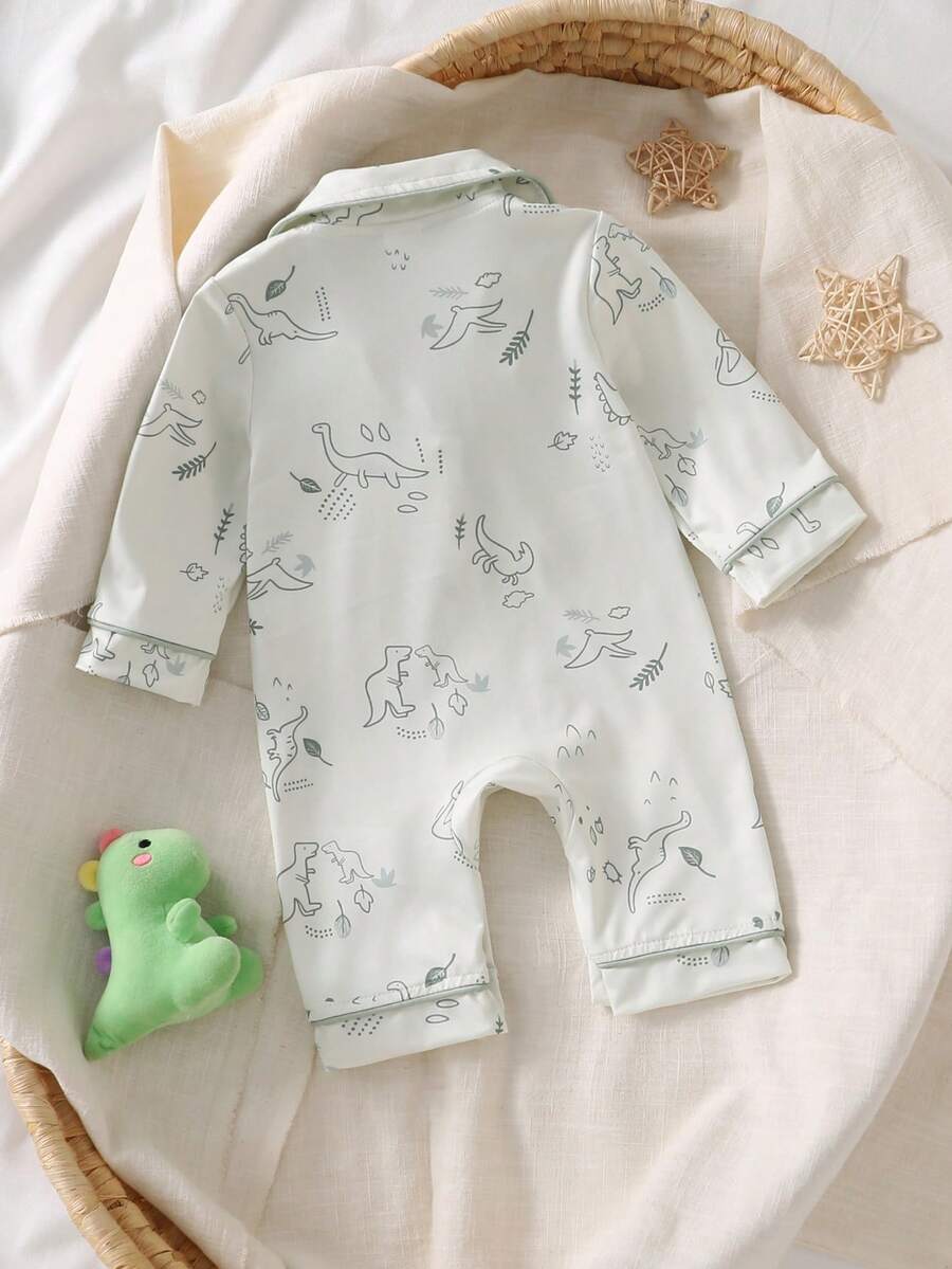 Cartoon Dinosaur Print Baby Romper Pajamas with Drawstring Trim for Comfortable Daily Wear