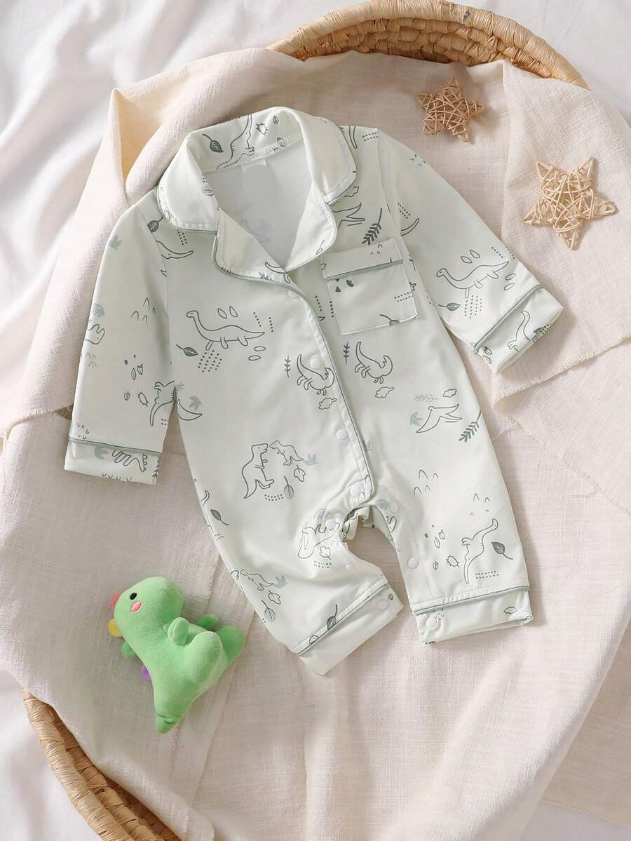 Cartoon Dinosaur Print Baby Romper Pajamas with Drawstring Trim for Comfortable Daily Wear