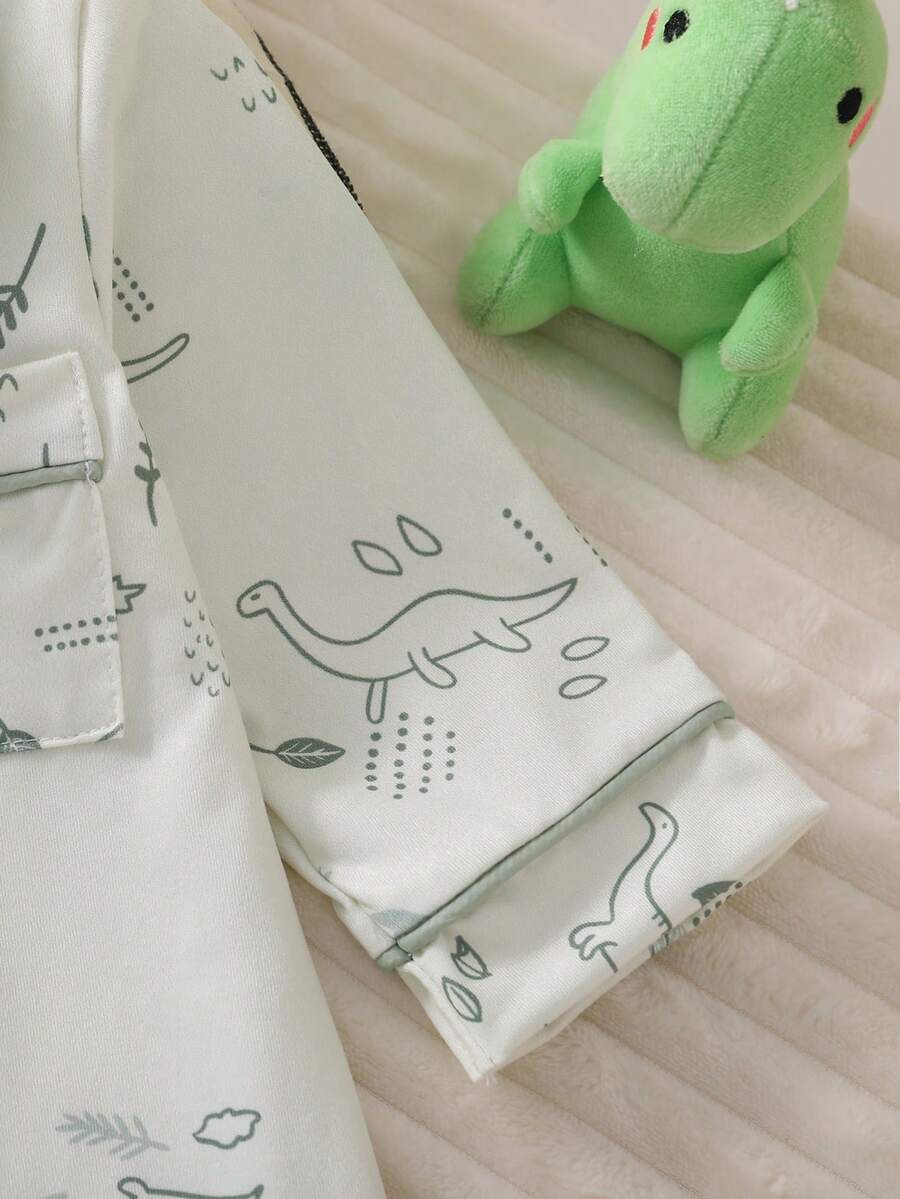 Cartoon Dinosaur Print Baby Romper Pajamas with Drawstring Trim for Comfortable Daily Wear