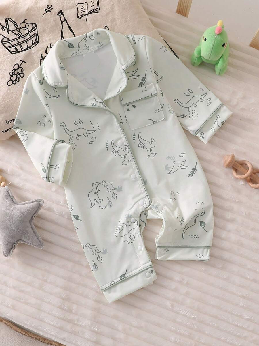 Cartoon Dinosaur Print Baby Romper Pajamas with Drawstring Trim for Comfortable Daily Wear