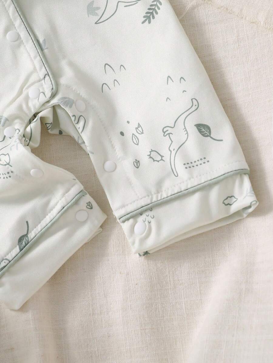 Cartoon Dinosaur Print Baby Romper Pajamas with Drawstring Trim for Comfortable Daily Wear
