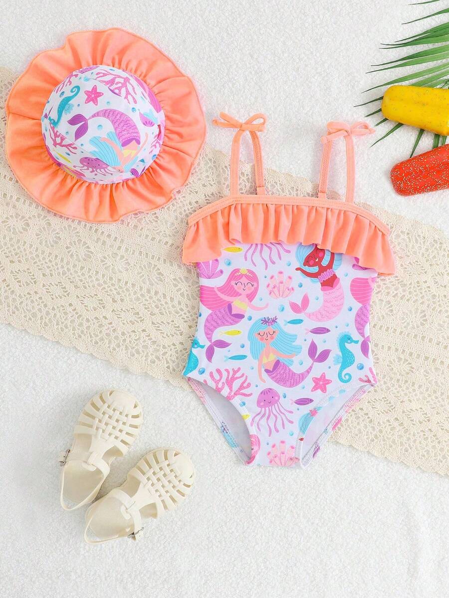 Baby Bow Print Two-Piece Swimsuit Set with Adjustable Straps and Matching Hat
