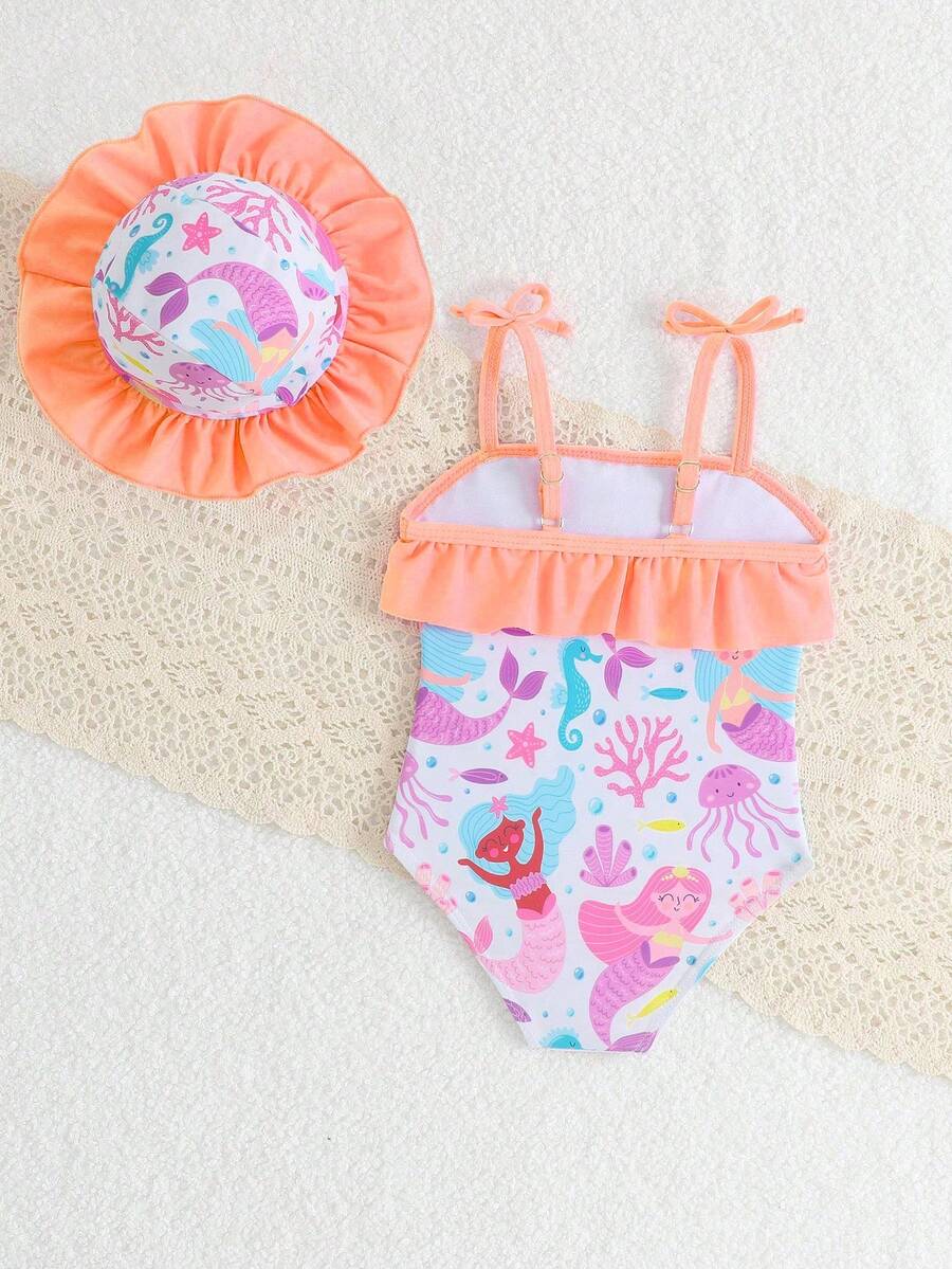 Baby Bow Print Two-Piece Swimsuit Set with Adjustable Straps and Matching Hat