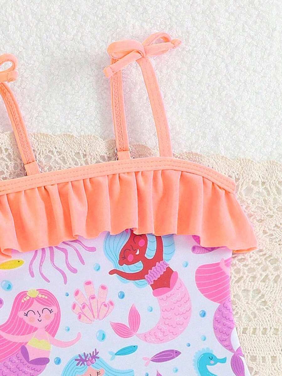 Baby Bow Print Two-Piece Swimsuit Set with Adjustable Straps and Matching Hat