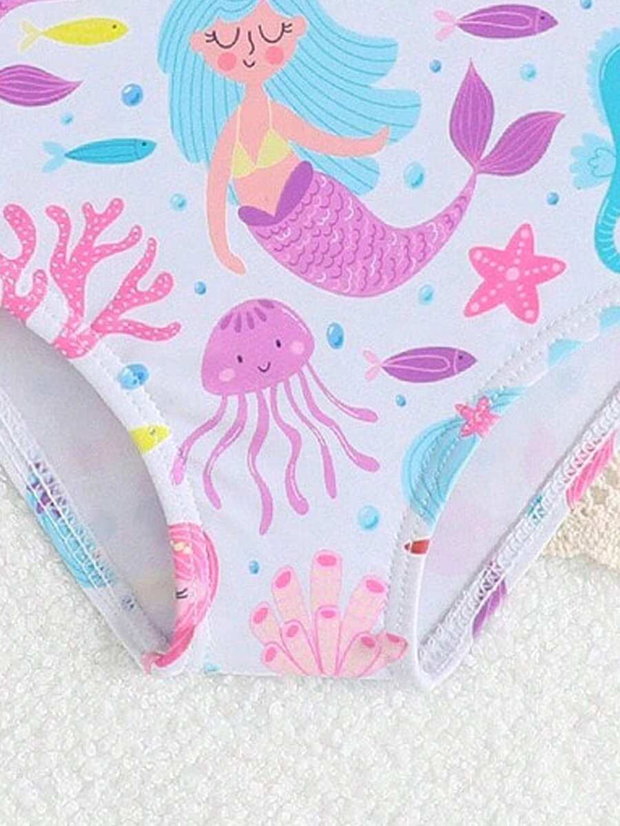 Baby Bow Print Two-Piece Swimsuit Set with Adjustable Straps and Matching Hat