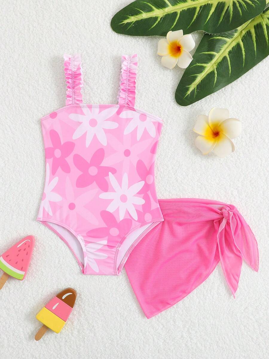 Baby Girls Floral Swimsuit And Coverup Skirt Set Tropical Beach Vacation Swimwear