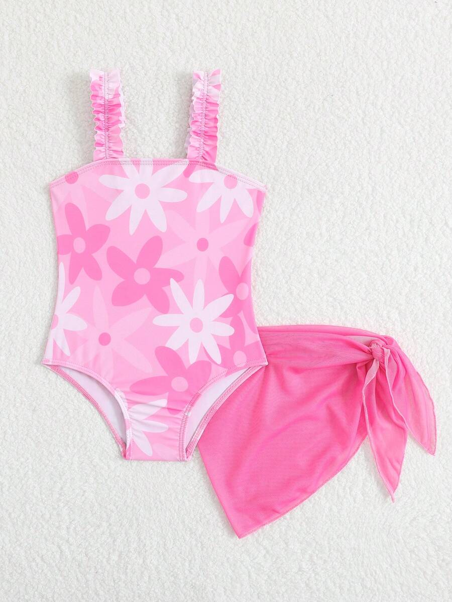 Baby Girls Floral Swimsuit And Coverup Skirt Set Tropical Beach Vacation Swimwear