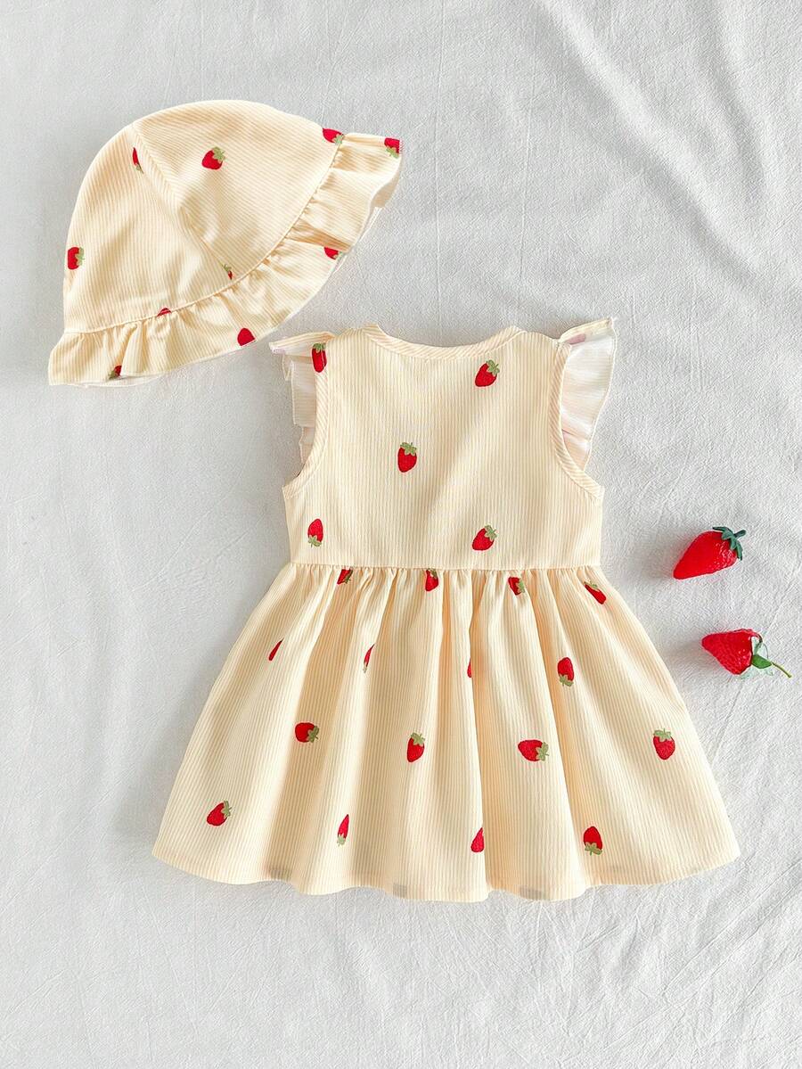 Baby Cherry Print Sleeveless Dress and Red Hat Set for Cute Summer Outings