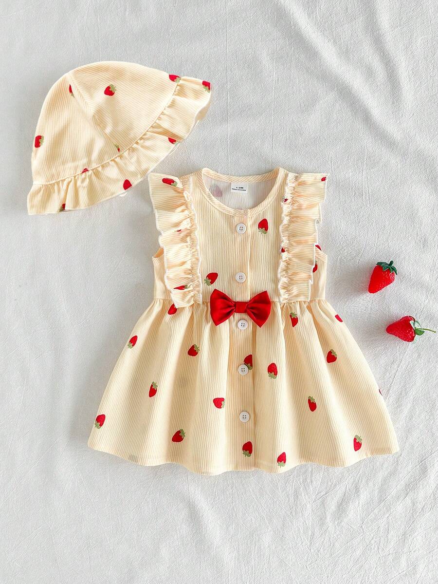 Baby Cherry Print Sleeveless Dress and Red Hat Set for Cute Summer Outings
