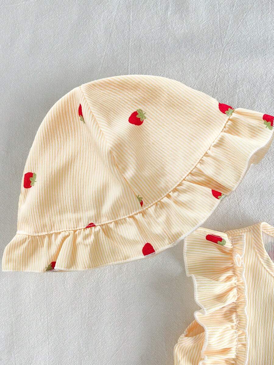 Baby Cherry Print Sleeveless Dress and Red Hat Set for Cute Summer Outings