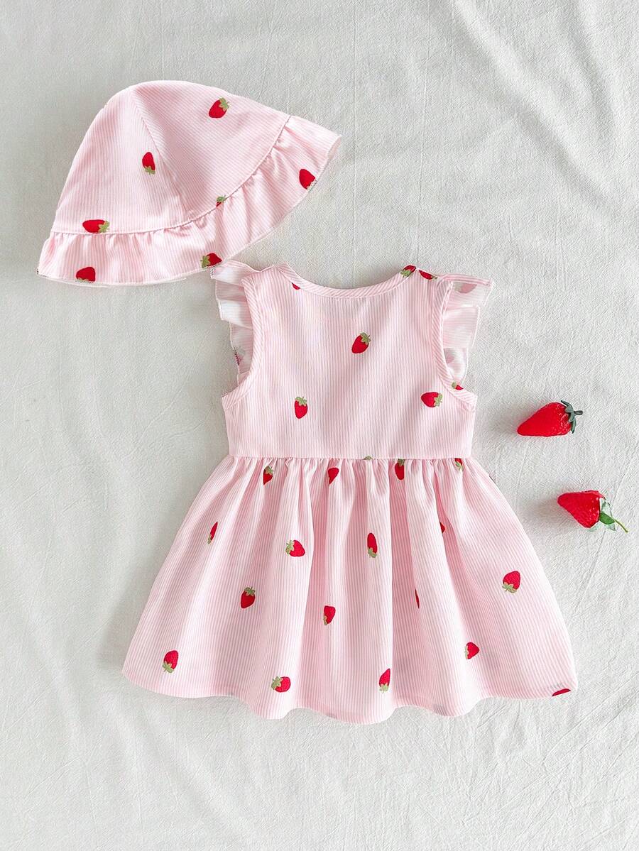 Baby Cherry Print Sleeveless Dress and Red Hat Set for Cute Summer Outings