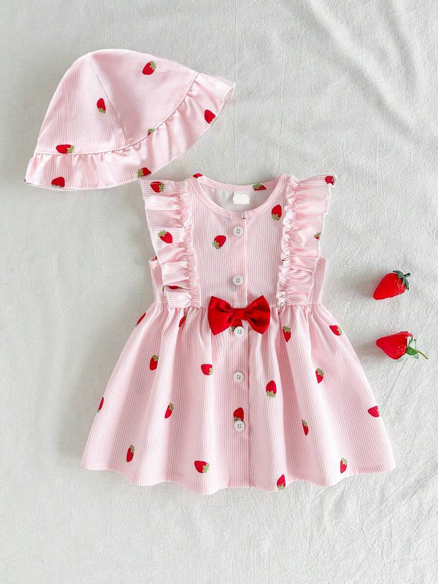 Baby Cherry Print Sleeveless Dress and Red Hat Set for Cute Summer Outings